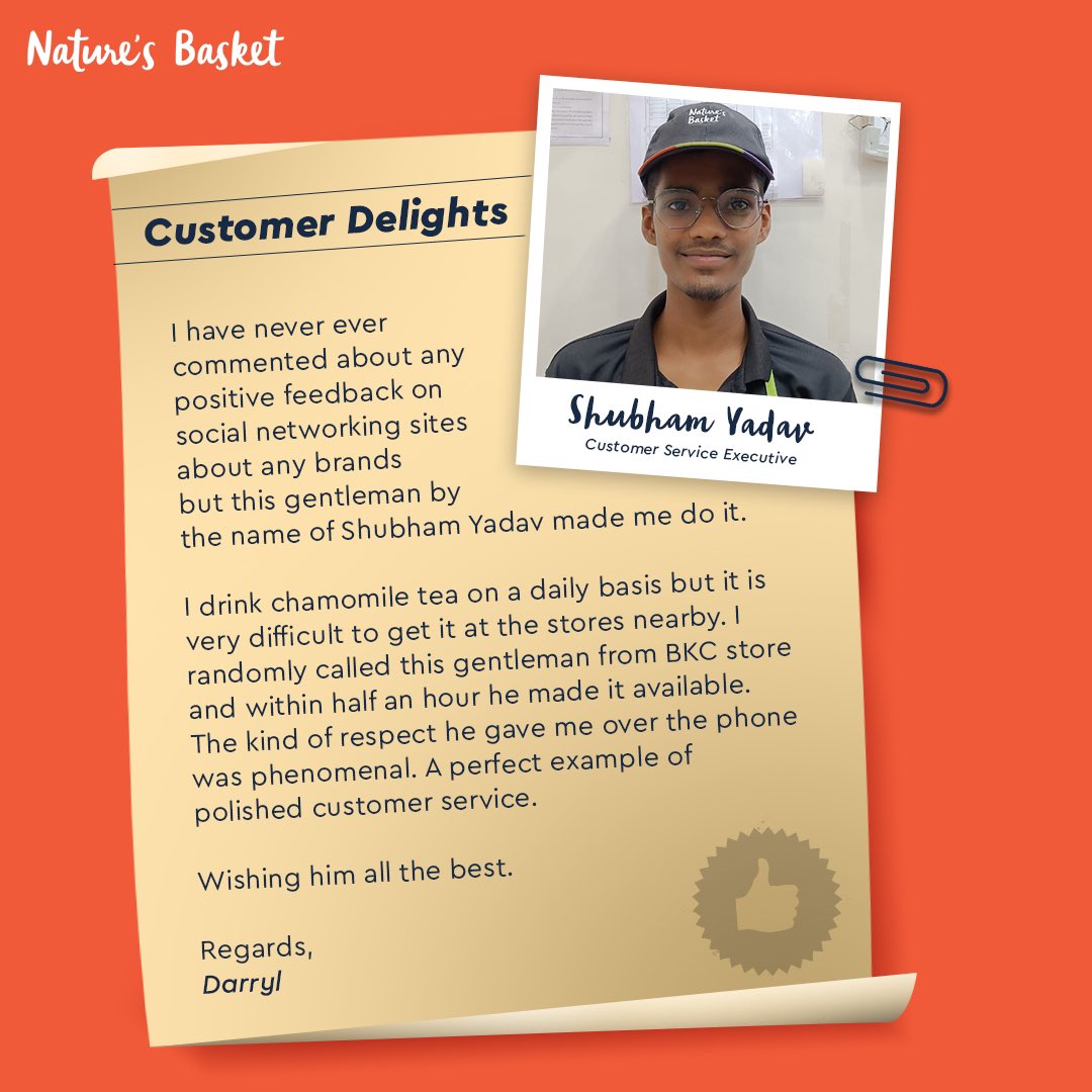 NaturesBasket's tweet photo. A happy customer makes us happier! ❤️
Here’s what our customer had to say about Shubham Yadav, the Customer Service Executive for ensuring a pleasant experience.
Keep sharing such great experiences at our store using #CustomerDelights to show appreciation. #AlwaysServingSafely https://t.co/aFK42tqaKp