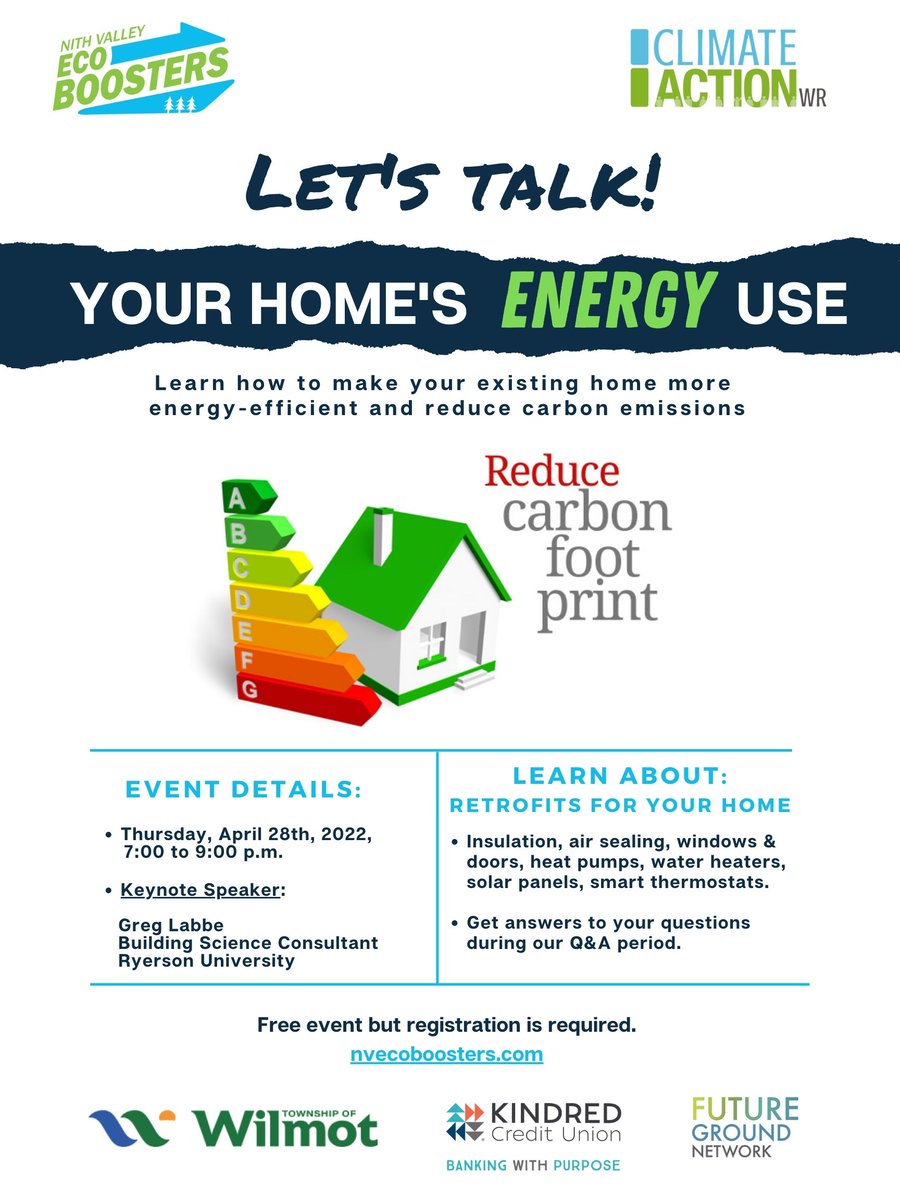 ClimateActionWR's tweet photo. On April 28th the @nvecoboosters are hosting a free webinar that will answer your questions on how to make your existing home more energy-efficient while also reducing carbon emissions. Register here: https://t.co/Bo7PTp9Eca https://t.co/fuux4GCMC1