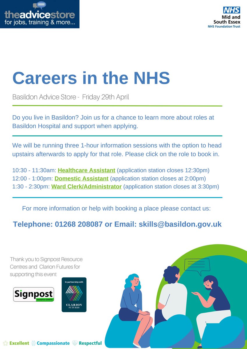 JoinMSEHospital's tweet photo. Join us and @BasildonCouncil on 29th April to find out more about careers with the #NHS and have the chance to apply to start your NHS journey with @MSEHospitals! 

For more info or to book a place contact The Advice Store on 01268 208087 or email skills@basildon.gov.uk today🙂 https://t.co/vLENTd0CJu
