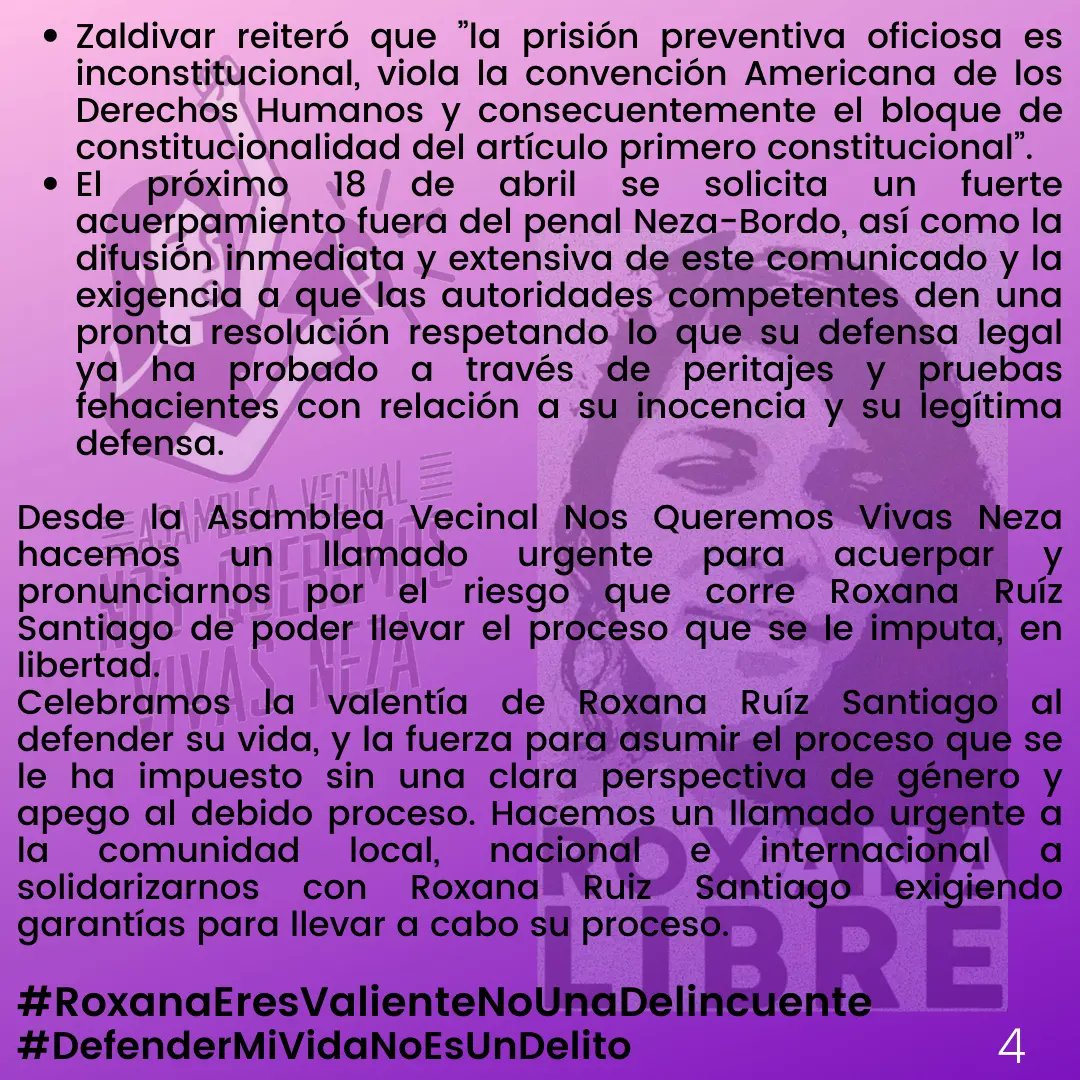 VivasNeza's tweet photo. #COMUNICADO #URGENTE
#DIFUSIÓN #MASIVA
Buscan regresar a prisión preventiva a  #RoxanaRuizSantiago. Exigimos se respeten la medidas cautelares anteriores que se encuentran en apego a la ley y a los tratados internacionales firmados por #México

https://t.co/nAvXN3PDGH https://t.co/DtkRcwEKaQ