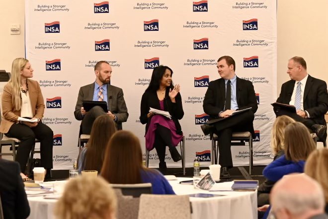 INSAlliance's tweet photo. This morning’s first panel, “Gaining the AI Advantage,” elaborates on the potential of AI integration, from core national security objectives to human resource optimization. Panel includes leaders from @ODNIgov, @CIA, @USGAO, and @LMI_org. #INSALeadership https://t.co/2t2G1uxSzM