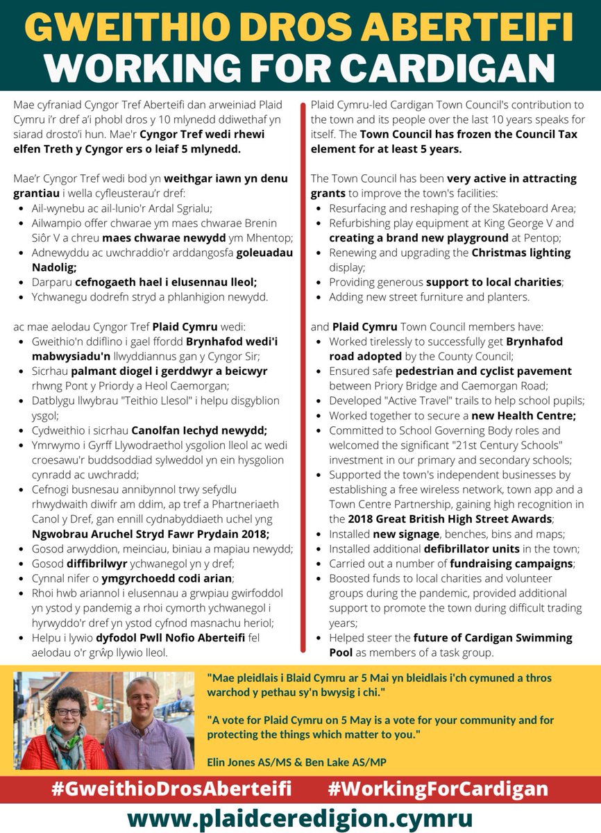 Mae ein gwaith dros y blynyddoedd dywethaf yn siarad drosto'i hun. 

Mae gennym ni'r #AgweddGalliCardi i  #GweithiodrosAberteifi #TîmAberteifi #TîmCeredigion #Etholiad22 

Pleidleisiwch dros Dîm Plaid Cymru Aberteifi ar Fai 5ed