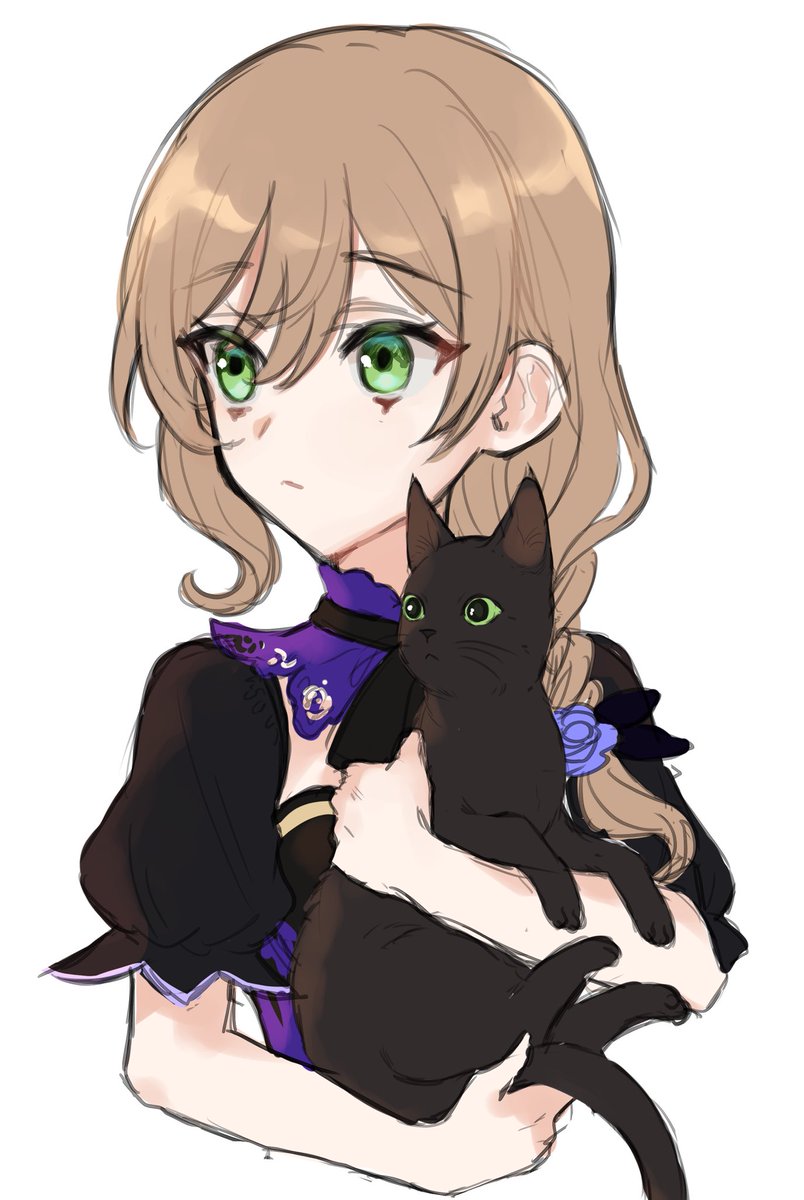 lisa (genshin impact) 1girl green eyes cat holding animal black cat holding white background  illustration images