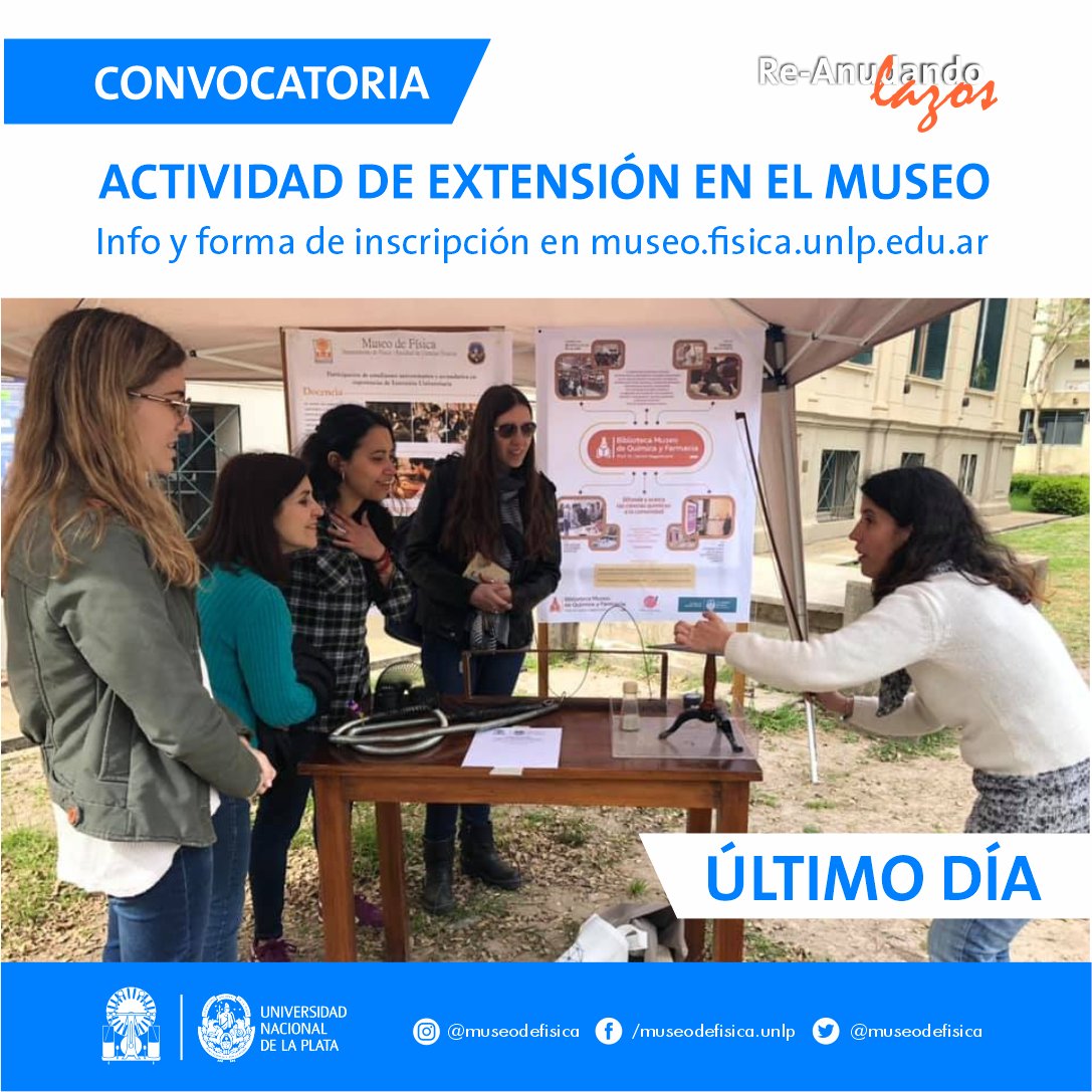 ULTIMO DIA DE INSCRIPCIÓN! 

Esta convocatoria se dirige a estudiantes con interés en participar como anfitriones y anfitrionas en la Sala del Museo, un sábado por la tarde, junto a docentes del Museo. 
MAS INFO: museo.fisica.unlp.edu.ar/extension/conv…