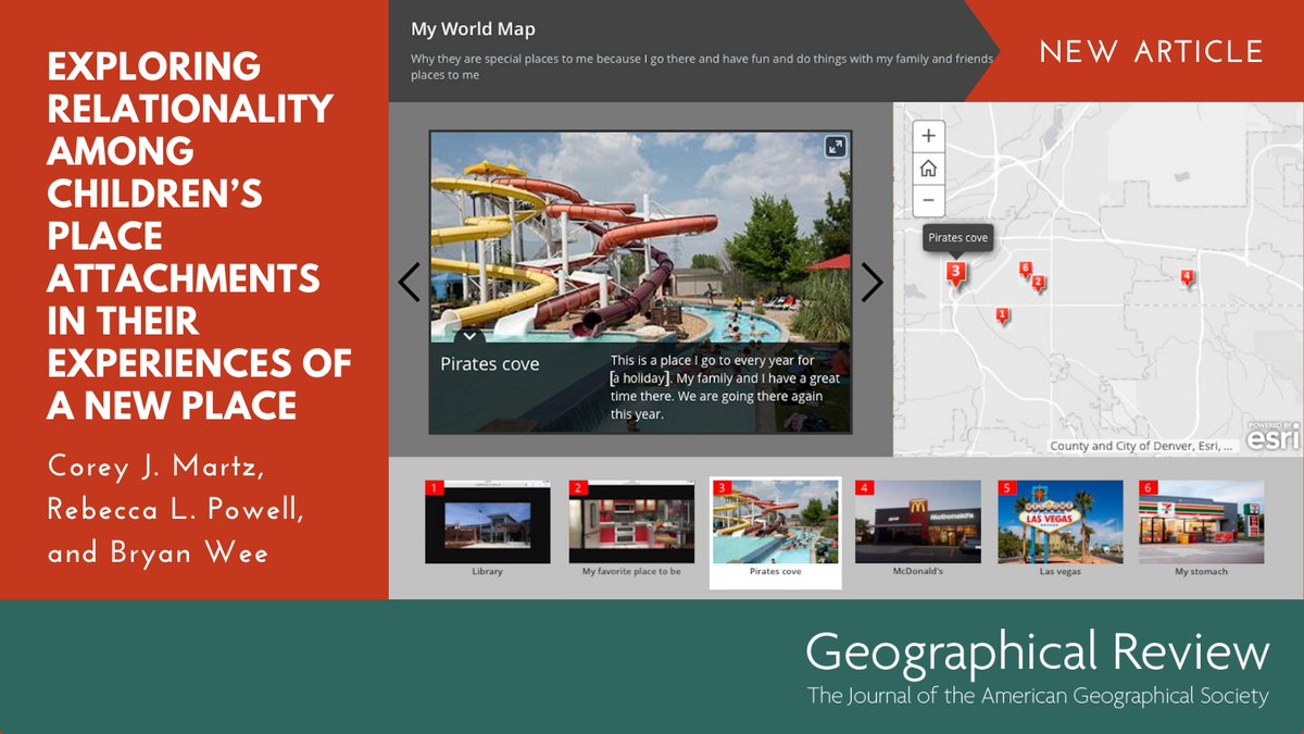 #NewArticle in the #GR explores how children in Colorado value ordinary and out-of-the-ordinary places and form #place attachment using photo-story maps. By Corey J. Martz and Rebecca L. Powell (<a href="/DUsciencemath/">DU Natural Sciences & Mathematics</a>), and Bryan Wee (<a href="/CUDenverGES/">CU Denver GES Dept</a>). Check it out: tandfonline.com/doi/full/10.10…
