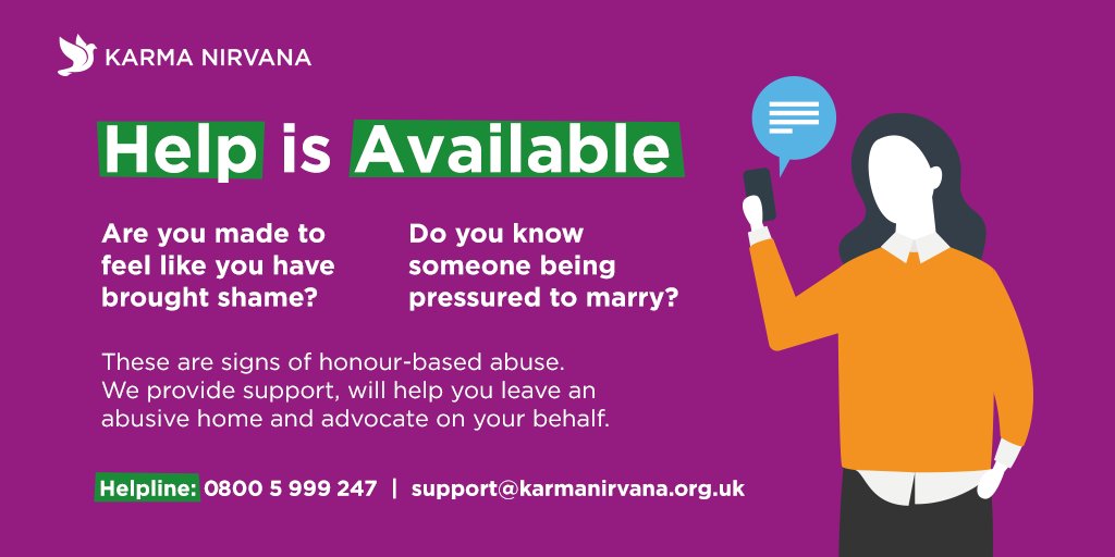 KNFMHBV's tweet photo. The #HonourBasedAbuse helpline remains open during the Easter Holidays, except for the bank holidays. 

Anyone concerned or experiencing HBA can call anonymously on 0800 5999 247 or email support@karmanirvana.org.uk https://t.co/o37UFhx4Cc