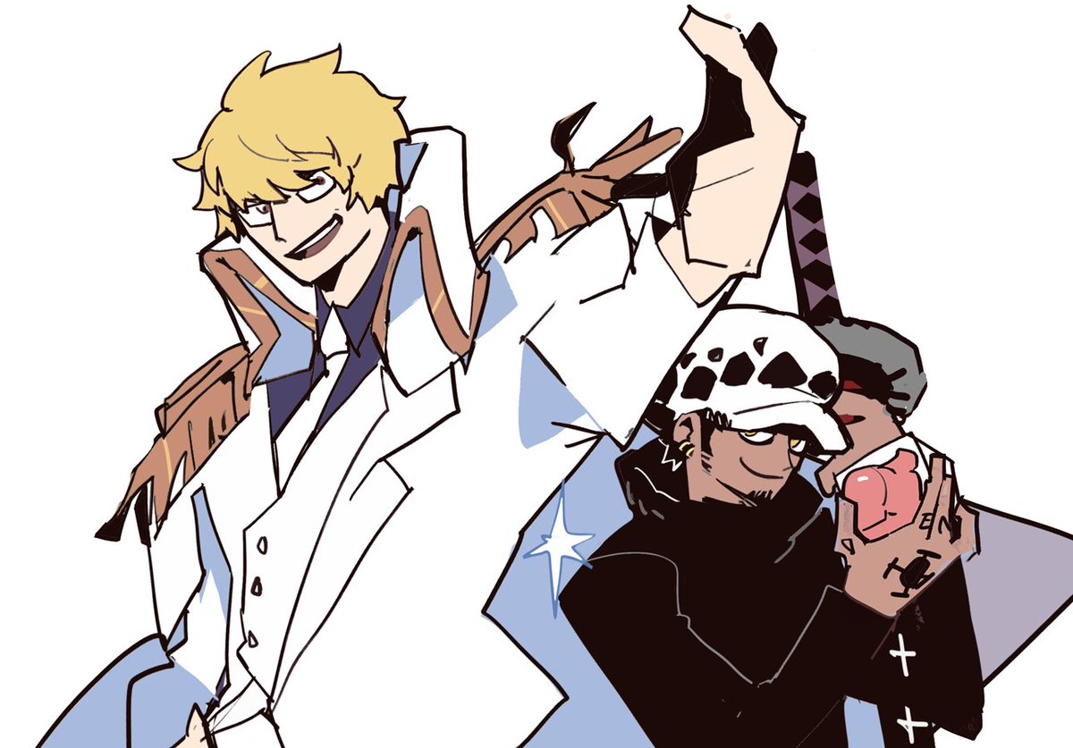 trafalgar law multiple boys 2boys male focus blonde hair hat weapon sword  illustration images