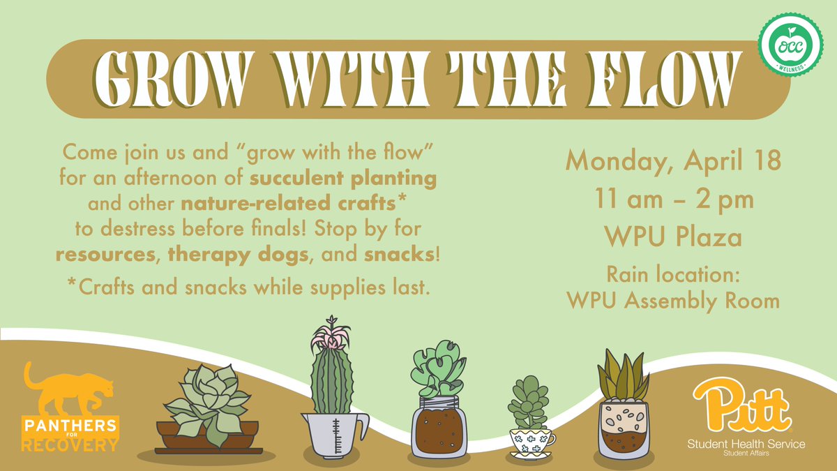 Pitt Student Health and the Collegiate Recovery program are hosting "Grow with the Flow". Join us for stress-related activities and crafts, resources, and snacks! @pitthealthyu
⏰4/18 11am-2pm
📍WPU Plaza (rain location WPU Assembly room)
