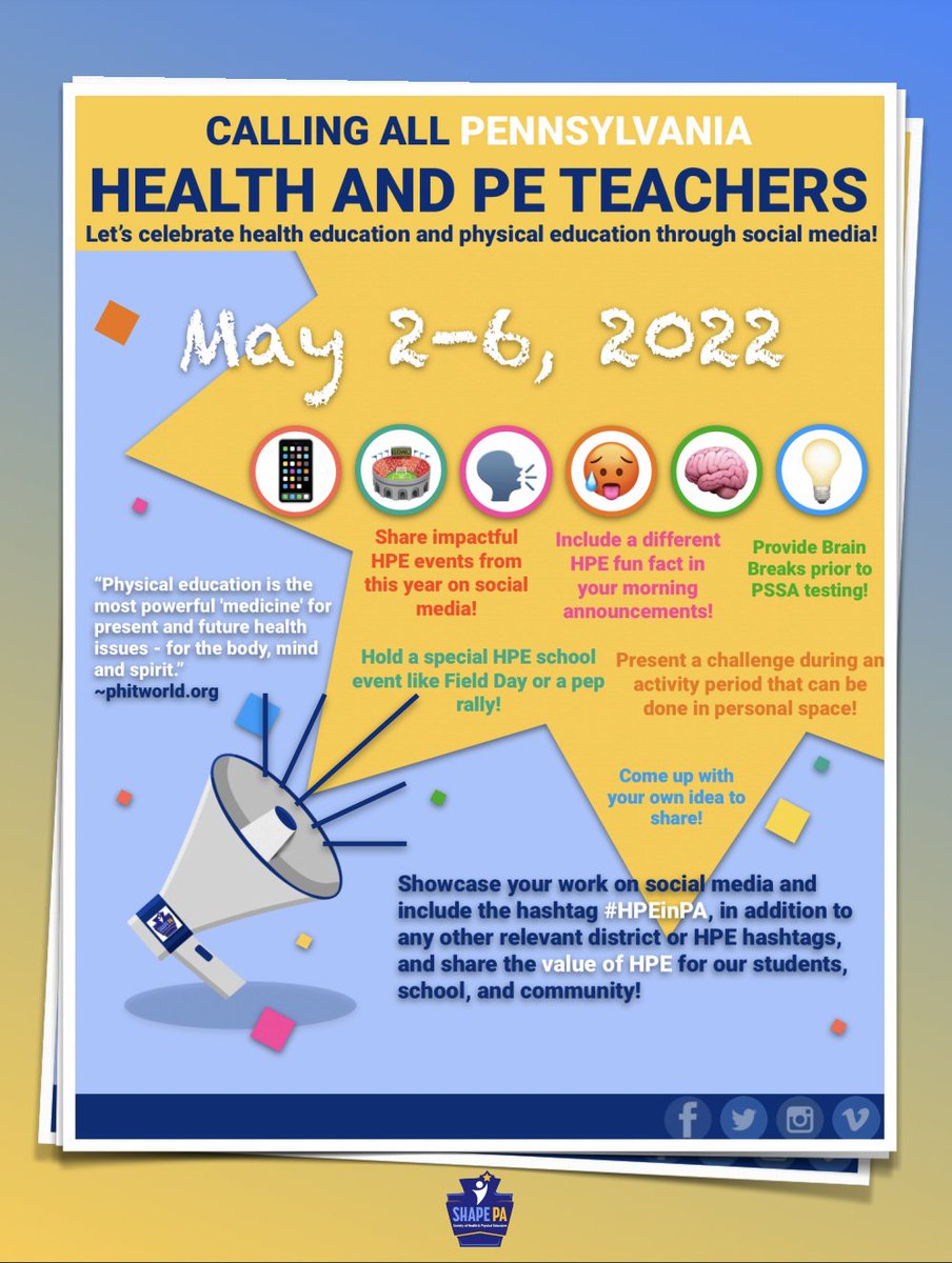SHAPE_PA's tweet photo. May is just around the corner and you know what what means...National #physed and #sport week is the first week of May! How are you planning to celebrate?! Let us know at #HPEinPA! https://t.co/vKaCzyuHBf