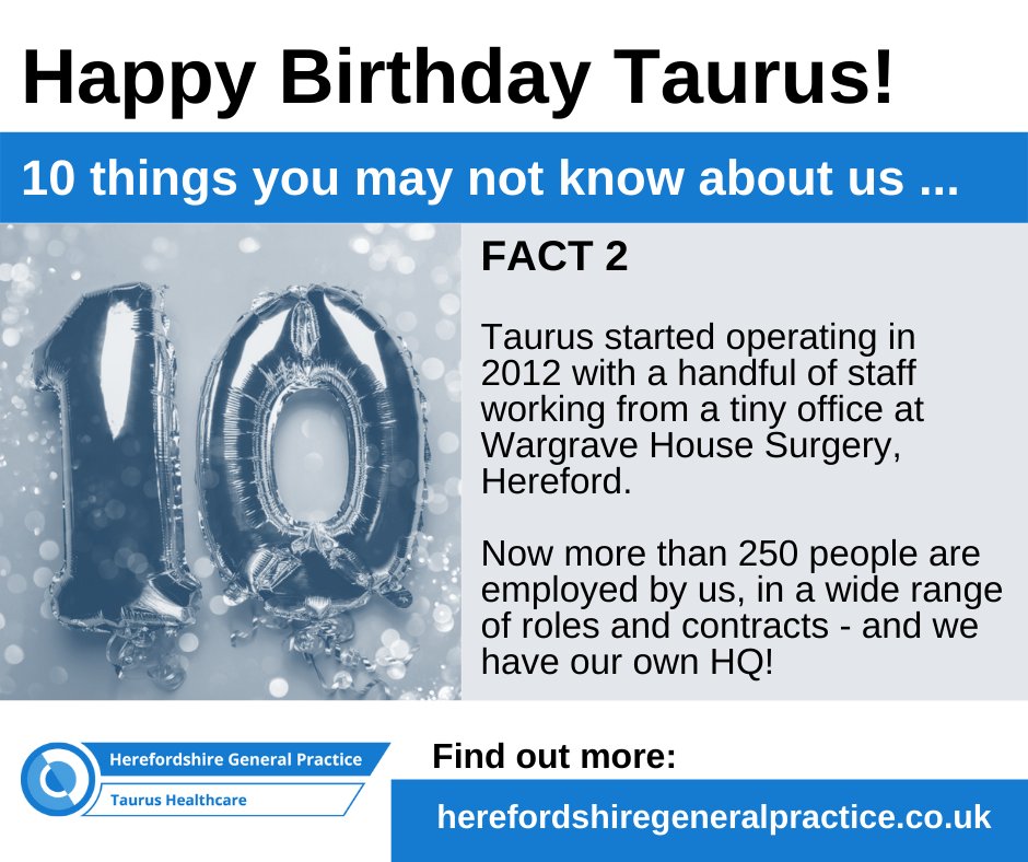 TaurusHlthCare's tweet photo. This Thursday, 14 April, Taurus will be celebrating its 10th birthday. 
To mark the occasion, we've compiled 10 things you may not know about us. 
Find out more: https://t.co/hobqtKKAyS
@HW_CCG @HfdsCouncil @WyeValleyNHS @bbchw @HWHerefordshire https://t.co/T8UHxXsA2K