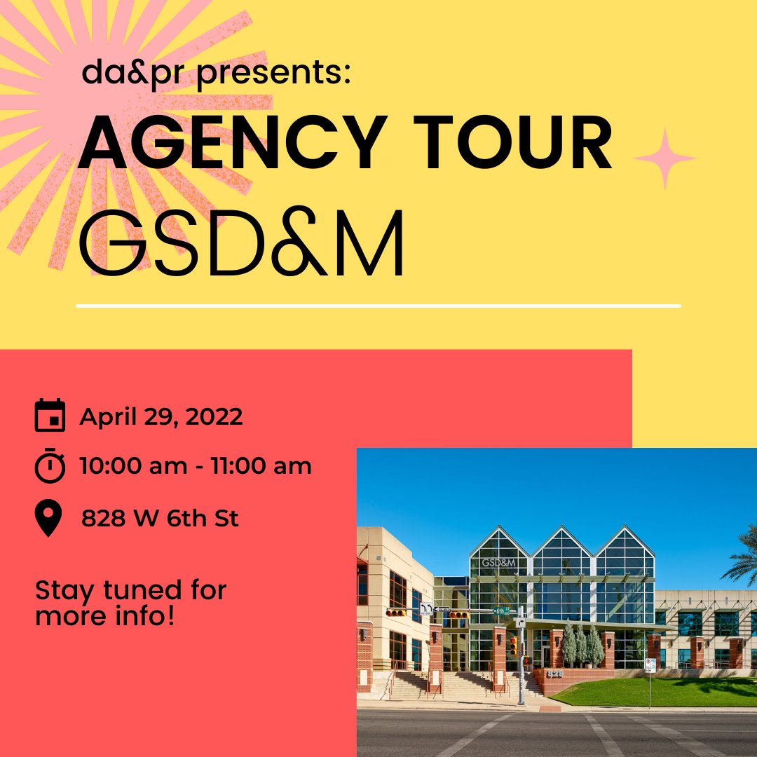 Announcing our Spring 2022 agency tour with GSD&amp;M! This tour will take place on April 29 at 10AM. Paid members only. Go to our link in bio to sign up for a spot, submit proof of vaccination, and join our carpool.  #utorgs #txadpr