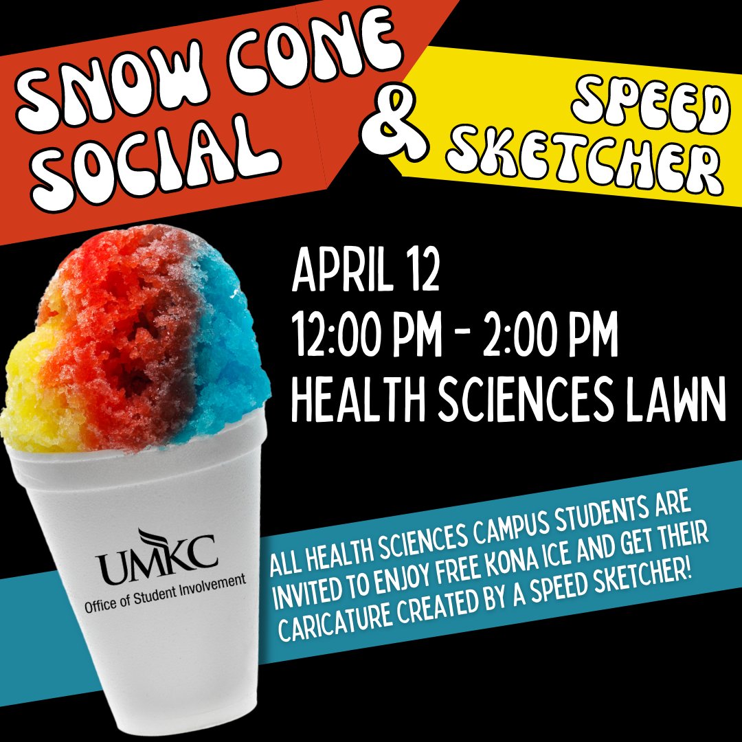 Health Sciences Students: Join us tomorrow on the Health Sciences Building Lawn for the Snow Cone Social and Speed Sketcher! Enjoy free Kona Ice and get their caricature created by a speed sketcher from 12:00 pm - 2:00 pm. 🍧