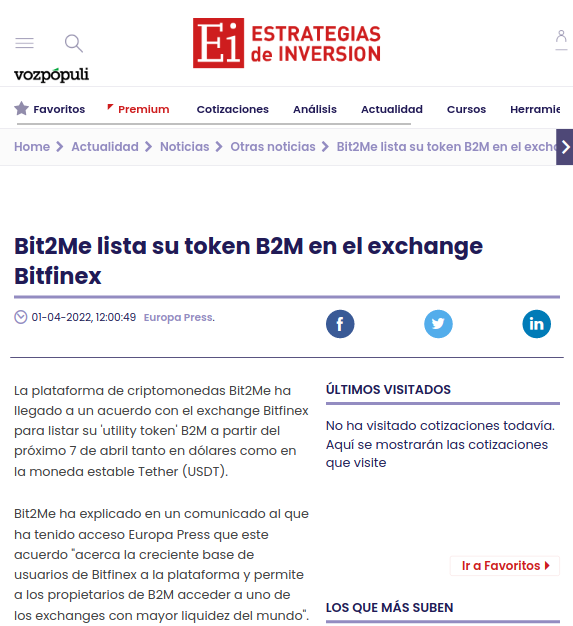 bit2me's tweet photo. Con cerca de 1.200M de $ en operaciones diarias y más de 60.000M $ al mes, @Bitfinex es uno de los exchanges más importantes a nivel global y hace menos de una semana que ya puedes operar con #B2M en su plataforma. 💥🍃

Así lo cuentan algunos medios. 🗞️👇️ https://t.co/5aYO0syTSs