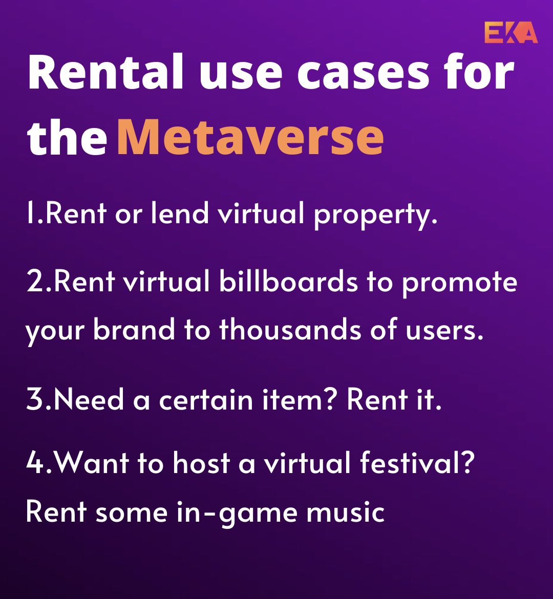 eka_network's tweet photo. Rental use cases for the #Metaverse 

#eka #nft #nftart #rentnft #nftcommunity #crypto #nftnews #ekanetwork https://t.co/mQQy8i7aQA