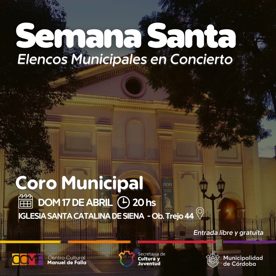 🍂☀️🎼 ✨ Llega nuestro concierto de #SemanaSanta con obras del siglo XX y XXI.
.
📍Iglesia Santa Catalina de Siena

.
🕗 Domingo 17 de abril a las 20h. 
.
@ccmanueldefalla 
<a href="/CulturaMuni/">Cultura MuniCba</a>