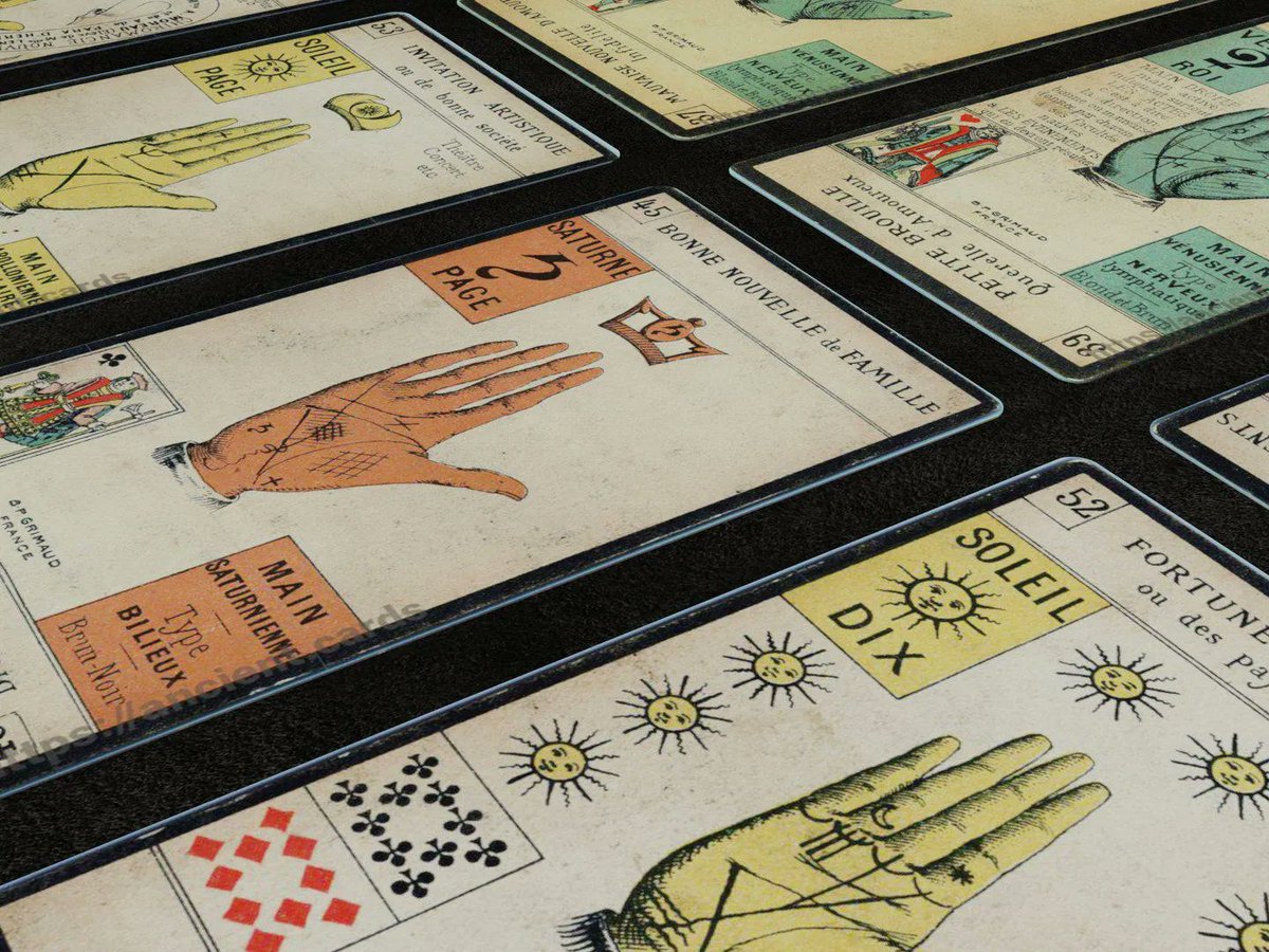 MaisonEtteilla's tweet photo. Intriguing Tarot cards that mixes palm reading and divination tarot made by Grimaud made around 1890 in France. More photos here 👉 https://t.co/i0RzJbTE5b

#tarot #TarotReading #dailytarot  #playingcards #tarotcards https://t.co/o29IUfk4OU