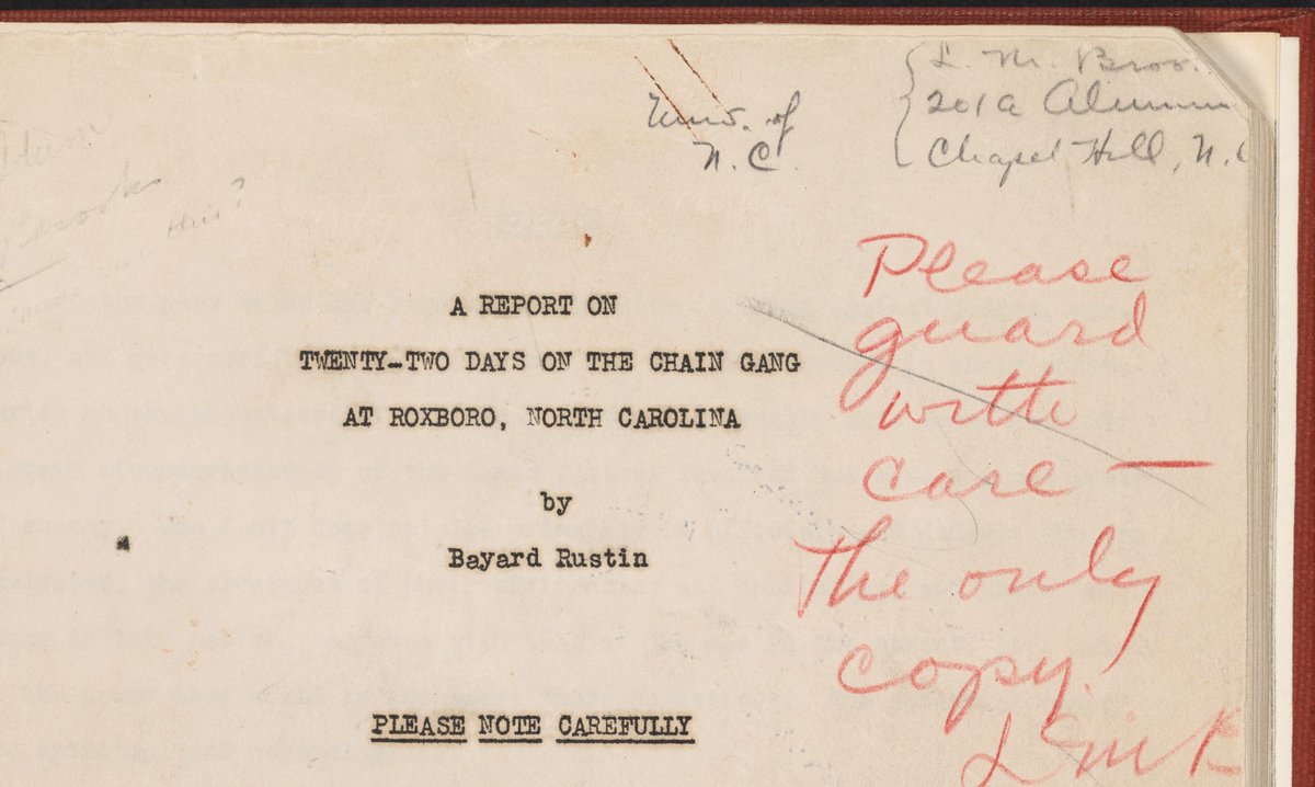 Before Rosa Parks, before 1961 Freedom Rides… This week marks 75th anniv. of the 1947 Journey of Reconciliation.

Did you know <a href="/WilsonLibUNC/">Wilson Library, UNC Chapel Hill</a> has Bayard Rustin’s 1st person account of the Journey and later sentencing to a chain gang in NC?

Collab. 🧵 w/ <a href="/NCCollection/">NC Collection, UNC</a>  #OTD