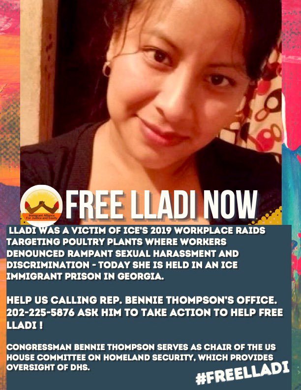 IAJEofMS's tweet photo. Lladi was a victim of ICE’s 2019 workplace raids targeting poultry plants where workers denounced rampant sexual harassment and discrimination - today she is held in an ICE immigrant prison in Georgia.
Help us call on @BGThompsonMS to #FreeLladi #DALE https://t.co/4WavFVz6JH