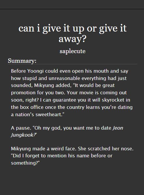 SmallAO3RecsBTS's tweet photo. "can i give it up or give it away?" by saplecute
(@turenste)

💎 yoonkook 🐱🐰
💎 w: 43K
💎 famous au
💎 M🔞
💎 fake dating as a career move, real feelings, actors yoonkook, film industry drama, passionate sex, chasing YG's happy ending (triple meaning)

https://t.co/2PXgScpNIu https://t.co/Ecw5lmSoO3
