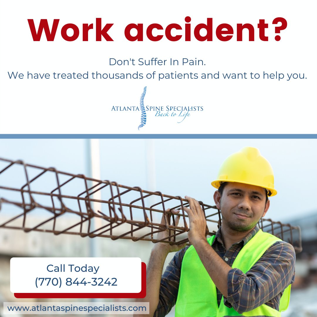 ATLSpine's tweet photo. We want you healthy! Schedule an appointment with Atlanta Spine Specialists today to discuss treatment options for your injury and get you back to work safely. https://t.co/lYlEIXfdja