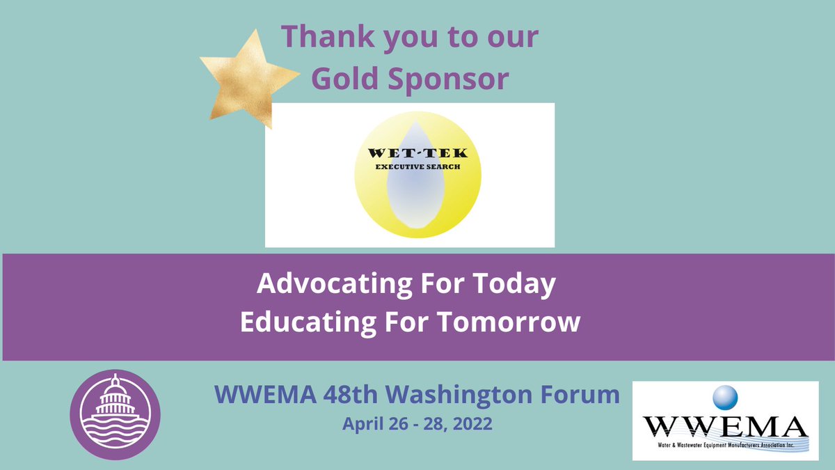 #WWEMA is grateful for its generous Washington Forum Meeting sponsors! Thanks for your support, Gold Sponsor, WET-TEK Executive Search. Join us on April 26-28 in Washington, DC as part of #WaterWeek2022. Register at wwema.org/washington-for…. #WashingtonForum2022 #WouldNotMissIt