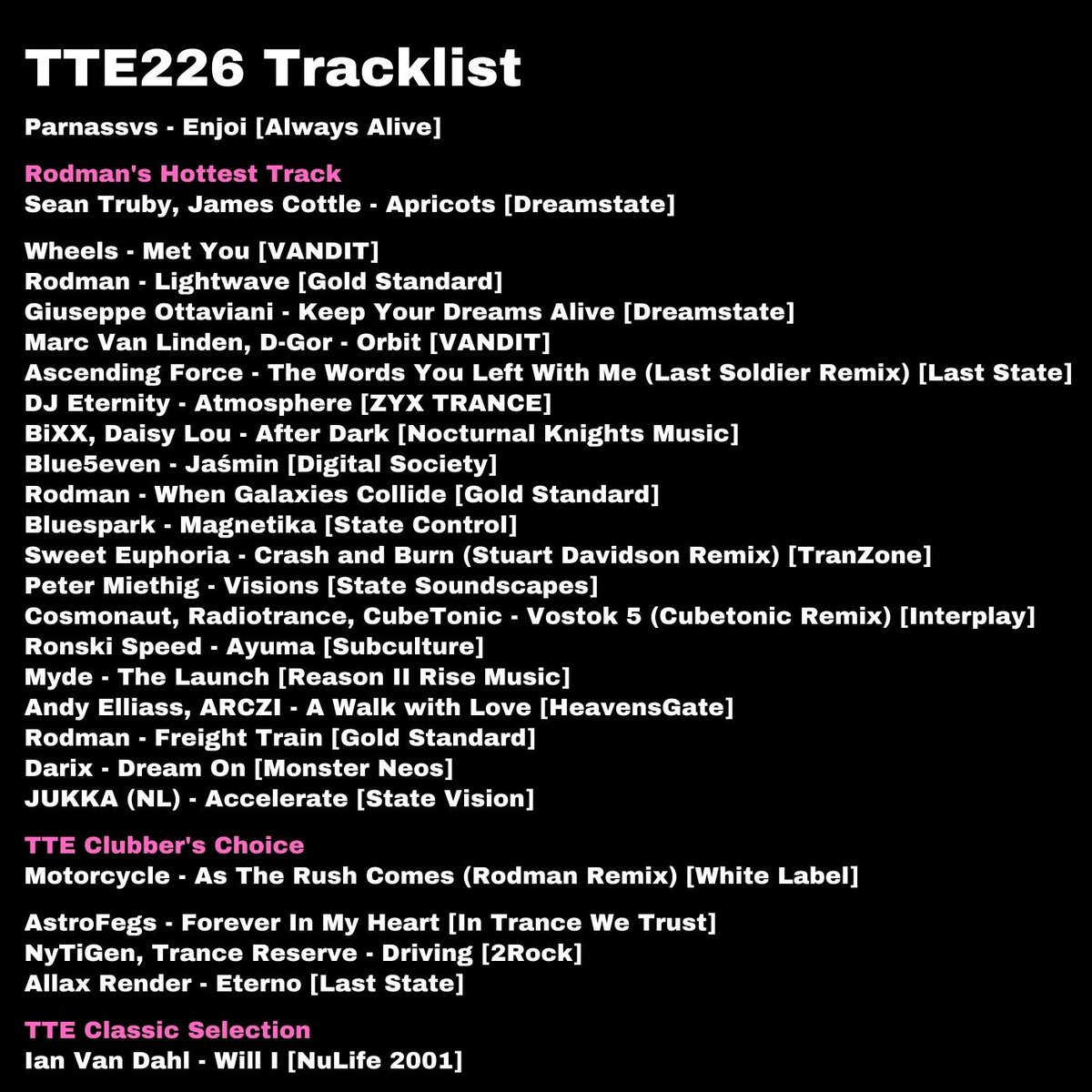 Another epic two hours of #Trance music to feed your ears with, as played by <a href="/RodmanOfficial/">Rodman</a> on this week's #TTE226.

Listen &amp; watch lnk.to/TTE226

Music from <a href="/allaxrender/">Allax Render</a> <a href="/AndyElliass/">Andy Elliass</a> <a href="/BiXXAudio/">BiXX Audio</a> <a href="/blue5even/">Blue5even</a> <a href="/CubeTonic/">Anton Sokovykh</a> <a href="/marcvanlinden/">Marc van Linden</a> <a href="/Myde_Music/">Myde</a> <a href="/ronskispeed/">Ronski Speed</a> <a href="/SeanTruby/">Sean Truby</a>