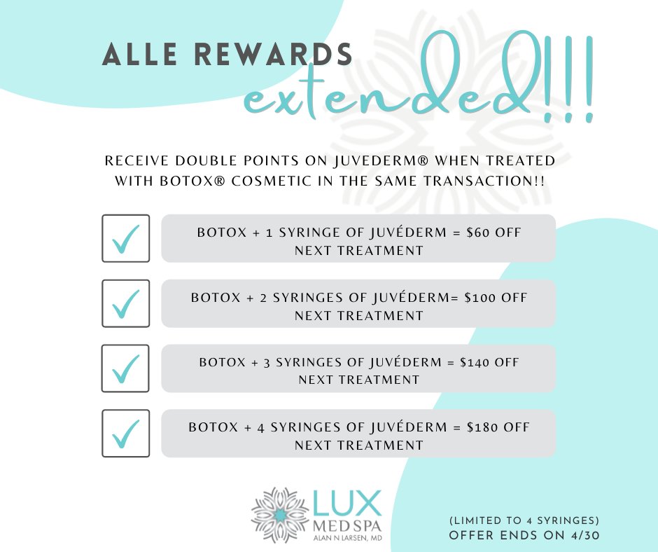 Alle's extended their awesome double points rewards!! Get Double Points on JUVEDERM® FILLERS when treated with BOTOX® Cosmetic at the same time. Offer ends on 4/30.
Call us today to schedule your Botox &amp; Juvéderm treatments at 404.465.1234.  #luxmedspa #botox #juvederm #alle #yay