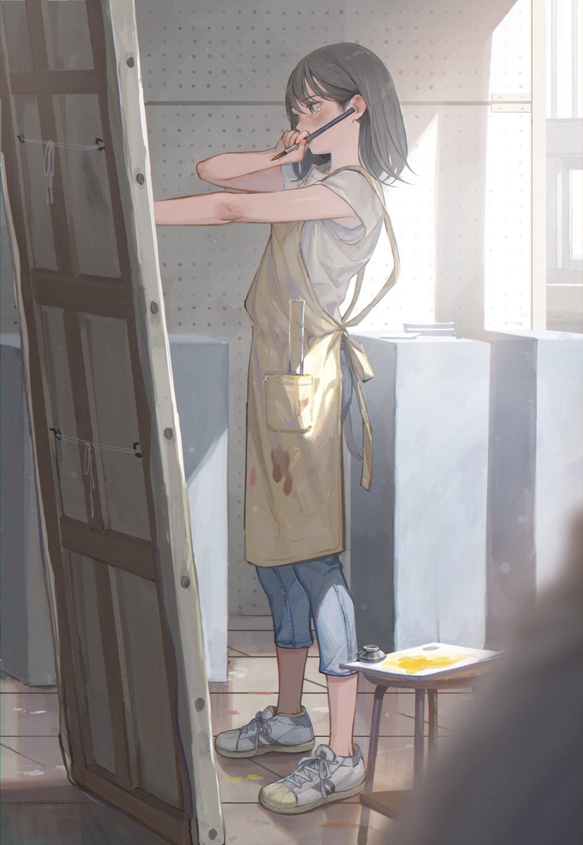 1girl apron canvas (object) shirt shoes solo painting (action)  illustration images