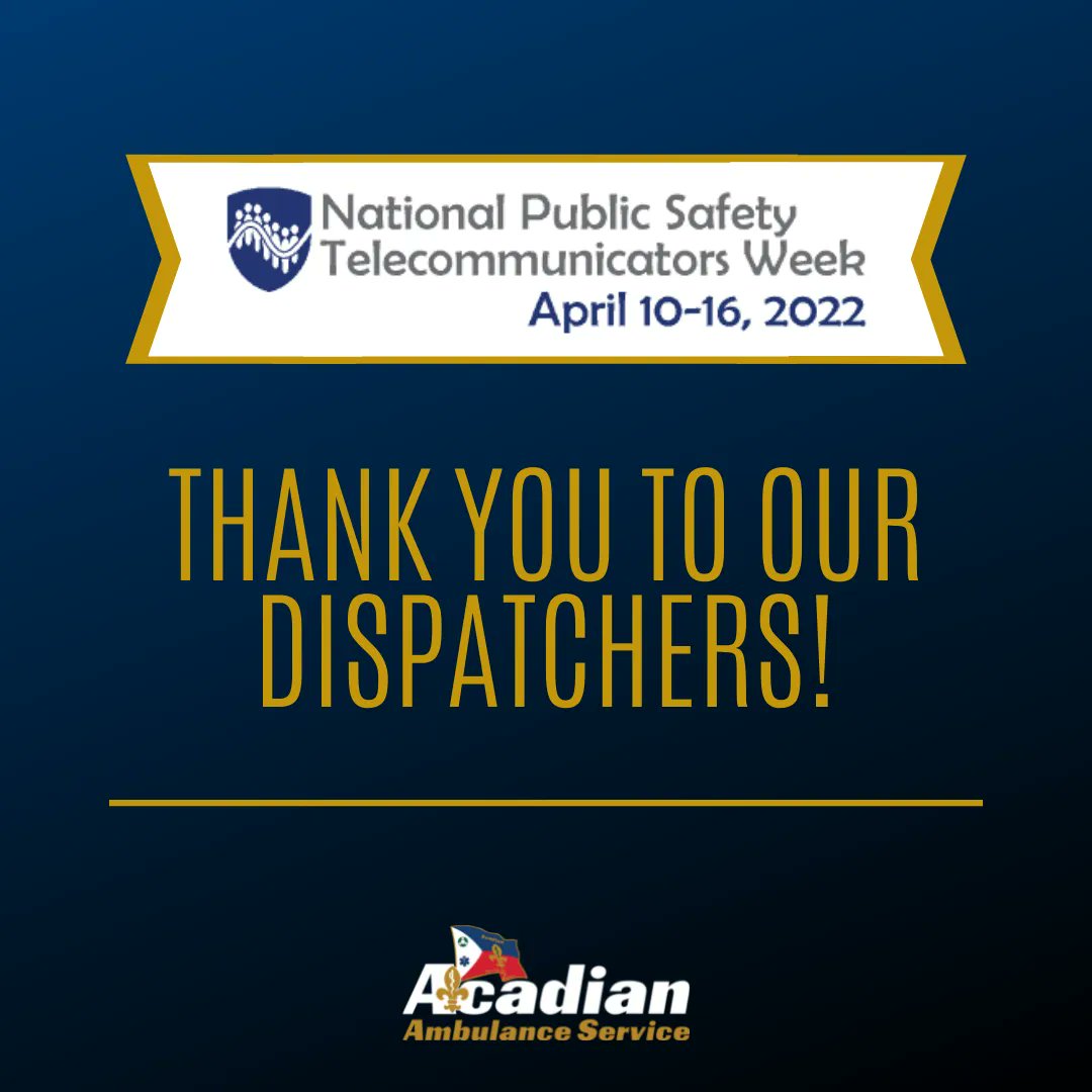 Our dispatchers are the calm voice on the phone, working with patients and family members while coordinating ambulances to respond as quickly as possible. In honor of #TelecommunicatorWeek, we thank all of our Acadian dispatchers and our 911 dispatcher partners. #NPSTW2022