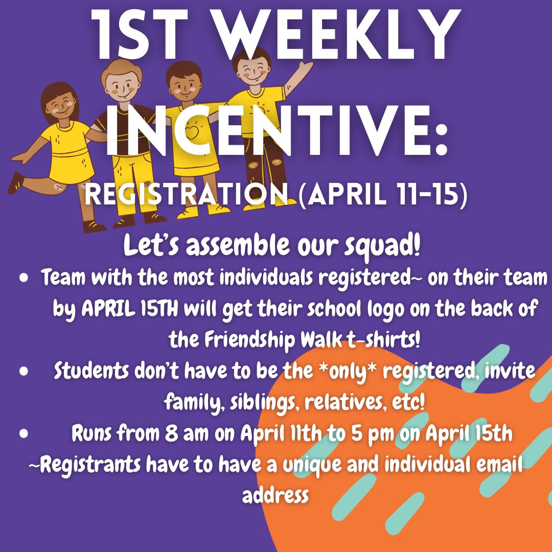 fhs_bestbuddies's tweet photo. Here is our first weekly incentive for the Friendship Walk! Let’s get the most people registered by Friday at 5:00 pm! Click this link and on the right side it should say “Join Team”, fill that out and you’re all good :D https://t.co/ZJuJbUZKwA https://t.co/in3DCi7g2g