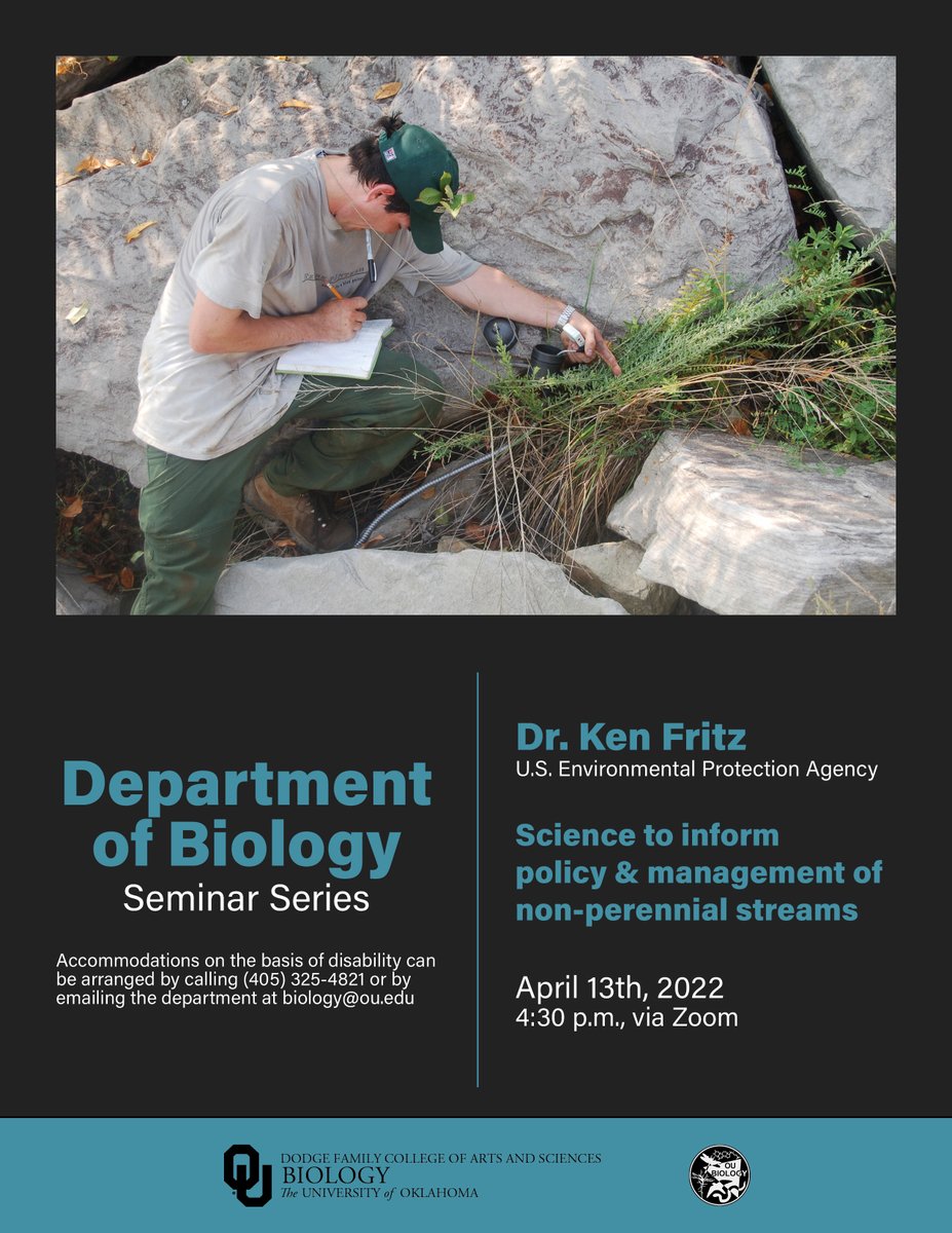 Join us this Wednesday on Zoom for a virtual department seminar with Ken Fritz (U.S. Environmental Protection Agency). More info at ou.edu/cas/biology