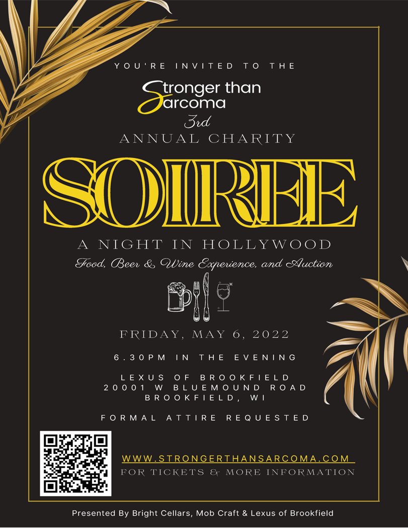 MCWRadOnc's tweet photo. The 3rd Annual #StrongerthanSarcoma Soiree is Friday, May 6th!  Get your tickets now to help raise awareness and advance MCW research in the fight against sarcoma! https://t.co/F98pzqlwUu