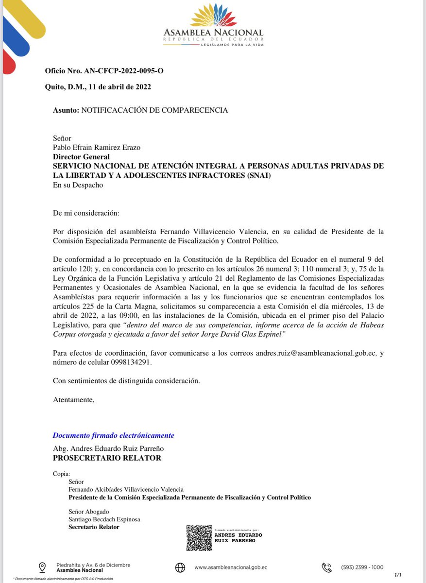 VillaFernando_'s tweet photo. URGENTE| He solicitado la comparecencia de los ministros de Gobierno e Interior, presidente del Consejo de la Judicatura, y director del Snai, para que informen a cerca del recurso de habeas corpus concedido a Jorge Glas. La sesión está convocada para el miércoles 13, a las 10am. https://t.co/IT44rj3uJr