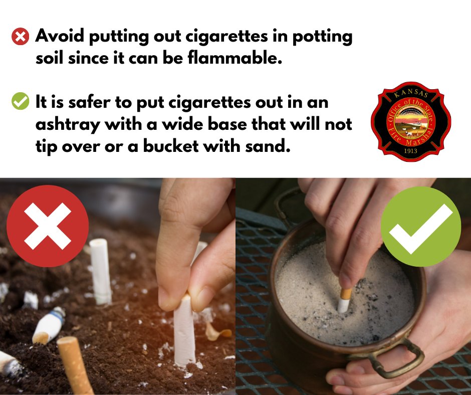 ksfiremarshal's tweet photo. Smoking is one of the top causes of fires in Kansas. If you smoke, #smokeoutside. Discard smoking materials safely; not into potted plants, mulch or the trash can. #SmokingFireSafety #AllTheWayOut #Monday https://t.co/05QbXukjtE