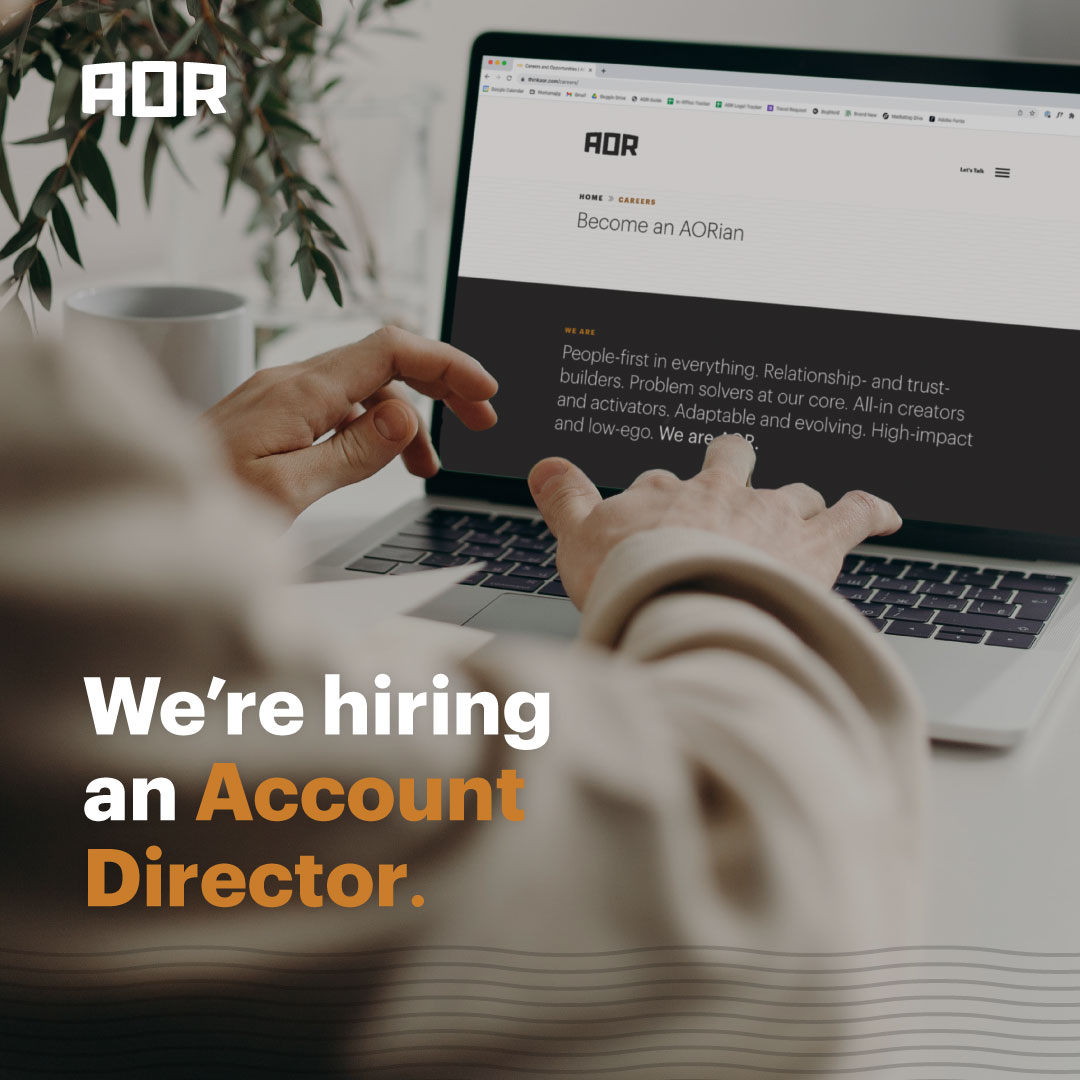 Do you like leading coworkers and clients to success?🌟Do you have a penchant for keeping things on track, colleagues motivated, and deadlines in view?👩‍💻 Are you a people person?👯 We're looking for a new Account Director. Sound like something for you? thinkaor.com/careers