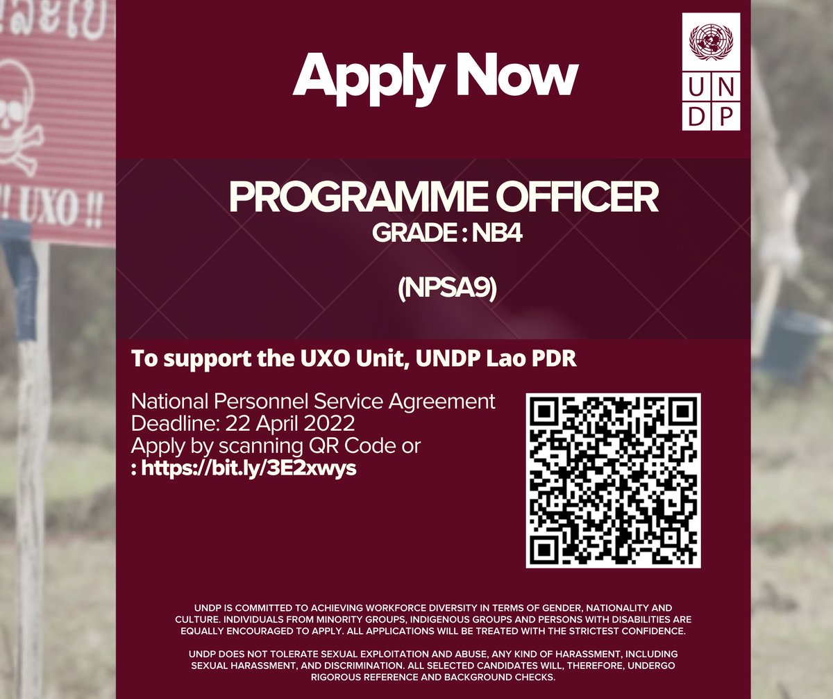 UNDPLaoPDR's tweet photo. #VacancyAlert! #NationalPosition 🇱🇦
📢 We're looking for a dedicated Programme Officer to support the management of &amp; provide advice on all aspects of @UNDPLaoPDR #UXO Programme! 

🔎 Find out more: https://t.co/aM0uT337pm
⏰ Apply by: 22 April 2022

#SDG18 #Hiring #Laos #Vacancy https://t.co/tPwDz5BoCw
