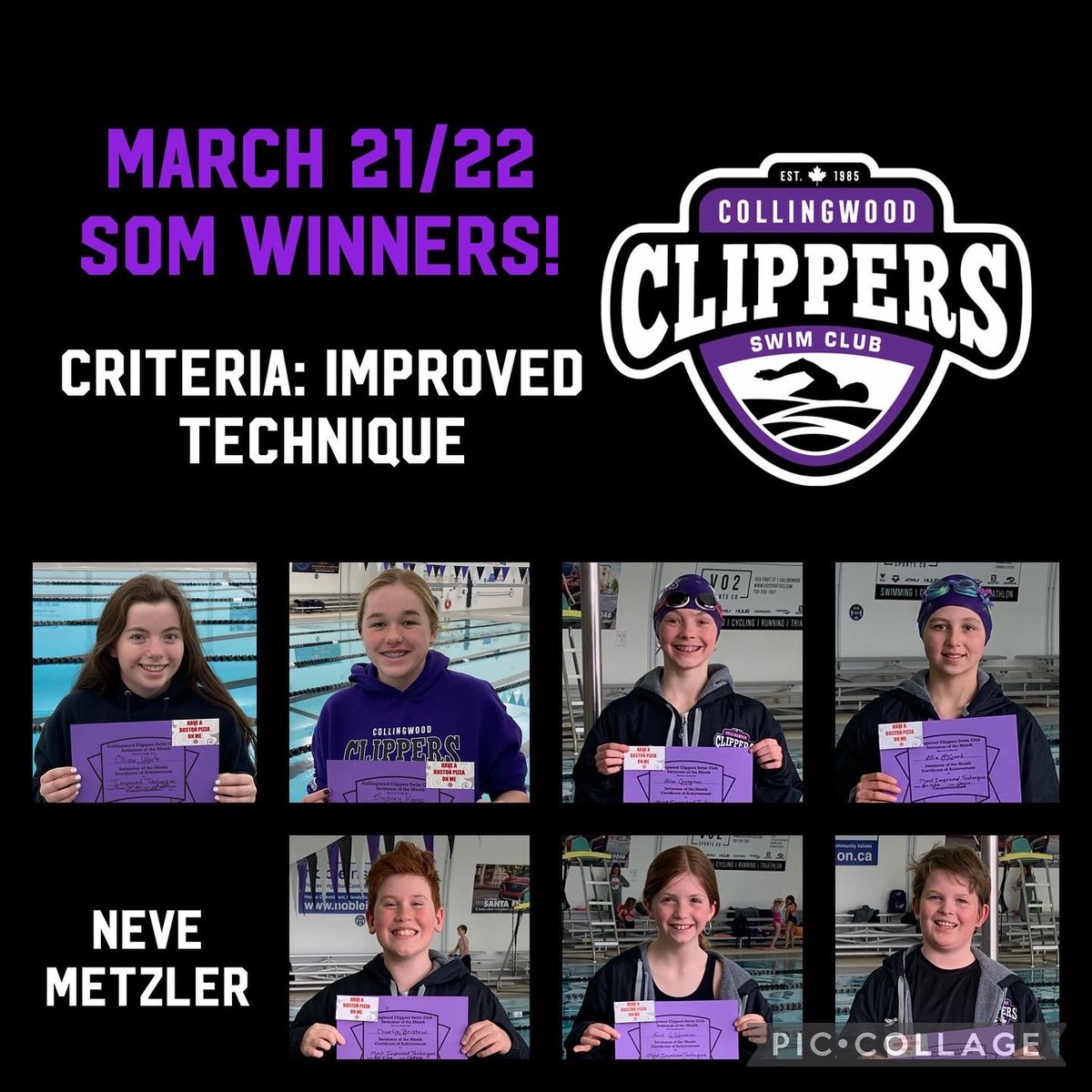 Congrats to our March Swimmer of the Month Winners! The selection criteria for March was based on Improved Technique. All of these swimmers have made great strides in improving their strokes, turns and starts! Way to go Olivea, Sydney, Alice, Allie, Neve, Charlie, Reid &amp; Alex!