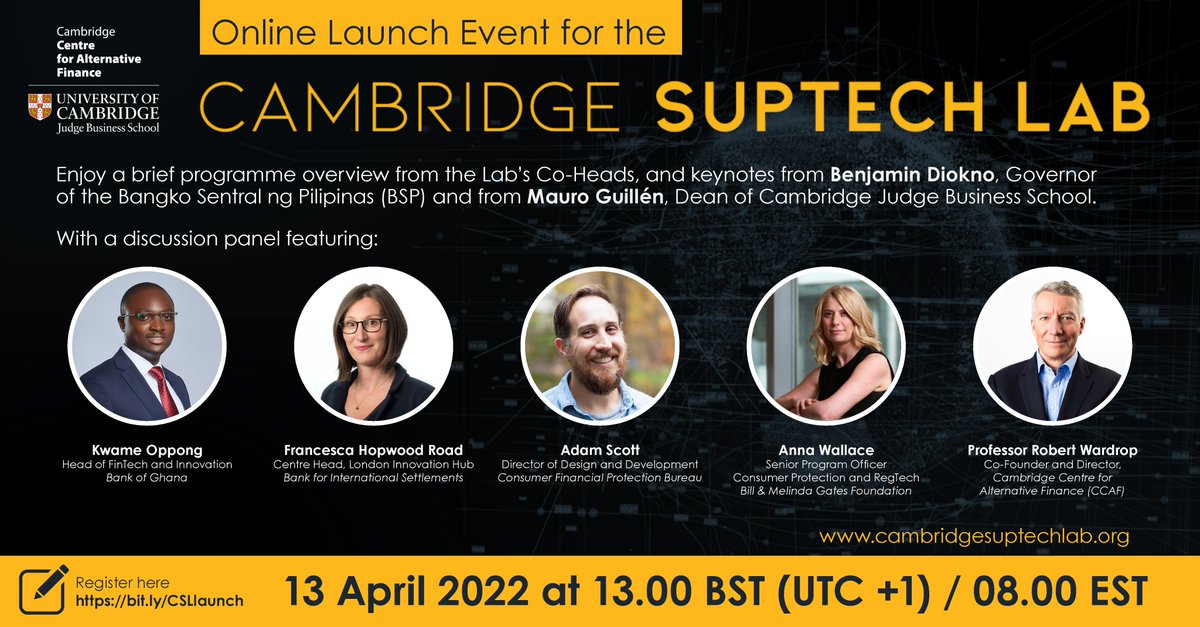 CambridgeAltFin's tweet photo. 📣 Join us this Wednesday (13 April) at 13.00BST / 08.00EST for the launch event for #CambridgeSupTechLab
💻Register at https://t.co/3lQ3ElQciN
Join us on a journey to shape the future of #financialsupervision
#suptech #digitialtransformation #innovation https://t.co/XYeJ9AHEqf