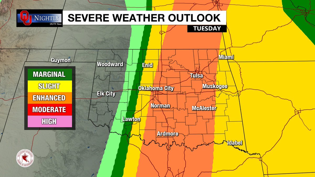 wxwithpeyton's tweet photo. TOMORROW: central Oklahoma is in an enhanced risk for severe weather. This level 3/5 ranking will bring hail, strong winds, and the risk of tornadoes to our area. After 3pm storms will start along the i-35 corridor. Stay weather aware! #okwx https://t.co/himIDV8EsK