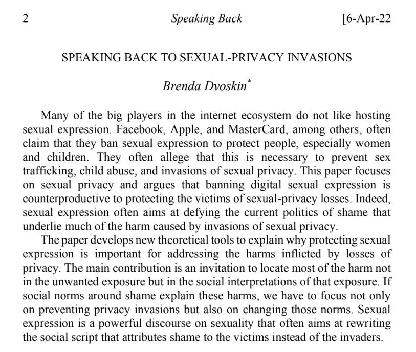 Looking forward to Wednesday's Law and Technology Workshop (4PM ET), in which we'll be discussing <a href="/brendadvoskin/">Brenda Dvoskin</a>'s (<a href="/Harvard_Law/">Harvard Law School</a>) work in progress "Speaking Back to Privacy Invasions," with <a href="/thomaskadri/">Thomas Kadri</a> (<a href="/UGASchoolofLaw/">UGA School of Law</a>) as discussant.