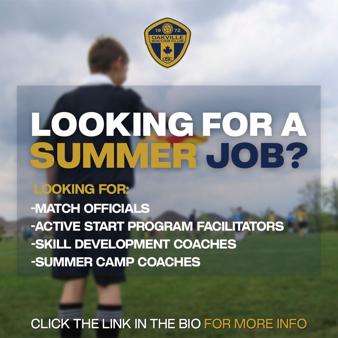 Oakville_Soccer's tweet photo. Looking to keep busy this summer? ☀️
 
Lucky for you, OSC has tons of great summer job opportunities for students!
 
These include:
-Match Officials
-Active Start Program Facilitators
-Skill Development Coaches
-Summer Camp Coaches
 
Apply here: https://t.co/apfDFHuC54 🔗 https://t.co/DSX0bhhz0l