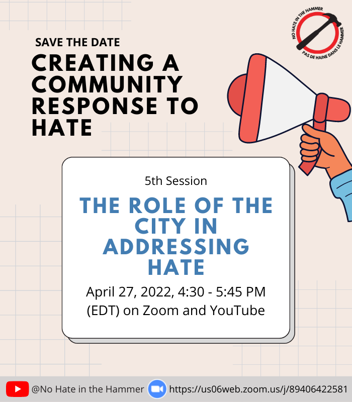 All are welcome to join us on April 27th for "The Role of the City in Addressing Hate" at 4:30 PM

Presentations Featuring:
<a href="/HipcHamilton/">HIPC</a> 2021 Discrimination Survey
The Urban Indigenous Strategy
The Transgender Rights Protocol
The Hate Prevention and Mitigation In

#HamOnt #NHH