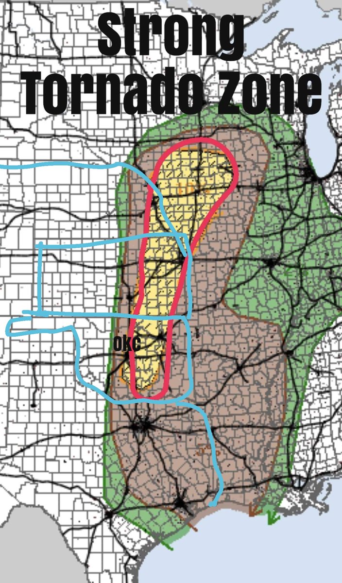 KOCOdamonlane's tweet photo. Tuesday Update: The Storm Prediction Center has outlined a zone from Oklahoma City -Kansas City -Central Iowa (all areas inside the red circle) for strong tornadoes tomorrow.  The chance for storms is low,but should one develop,it would be significant. https://t.co/XIiEZ2v3yF