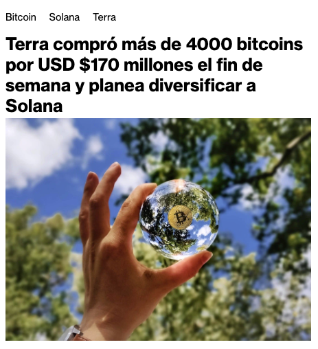 DiarioBitcoin's tweet photo. Terra compró más de 4000 bitcoins por USD $170 millones el fin de semana y planea diversificar a Solana  #Bitcoin #Solana #Terra https://t.co/CsREogEFRQ https://t.co/6qhf0M8z15