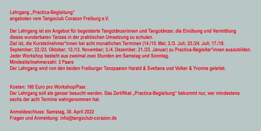 Tangobiest's tweet photo. Lehrgang "Practica-Begleitung"
in Freiburg.
Fragen und Anmeldung:
info@tangoclub-corazon.de
Anmeldeschluss: Samstag, 30. April 2022
Ausführliche Infos auf der Website:
https://t.co/IuXqjCa45j
#TangoArgentino  #Tangounterricht  #Tangokurs #Freiburg https://t.co/uOEHMLXpfI