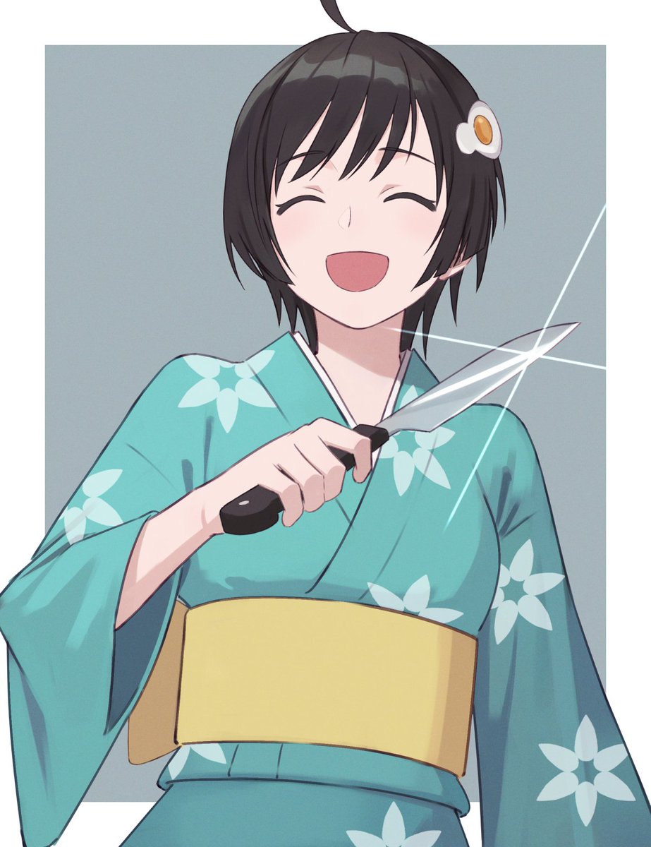 araragi tsukihi 1girl knife solo japanese clothes hair ornament kimono short hair  illustration images