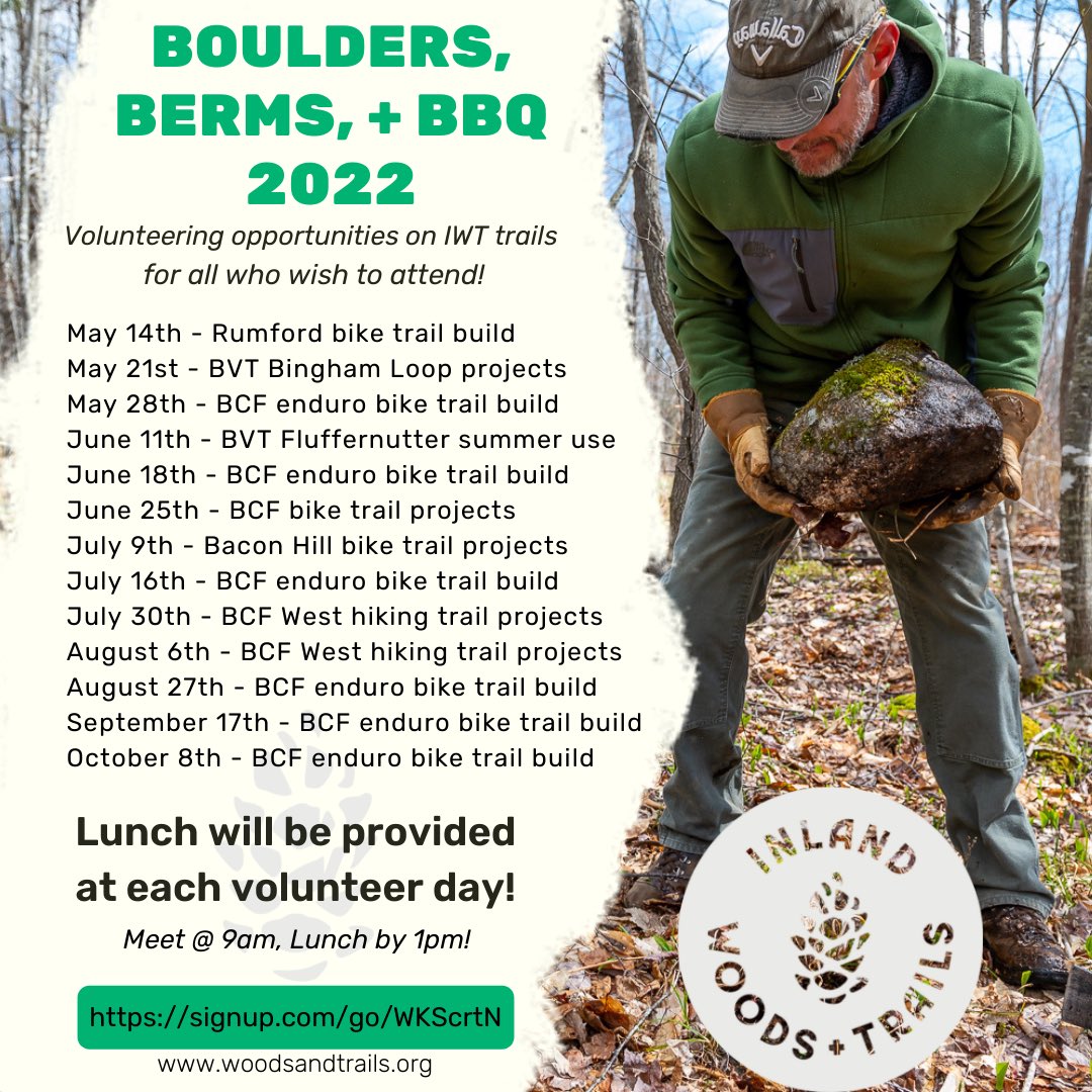 IWT_org's tweet image. Introducing our Boulders, Berms, + BBQ 2022 day series, a list of volunteering opportunity dates on IWT trails for all who wish to attend!

Pick a date (or a few 😌) and come on out for some trail work, great fun and yummy BBQ! 

SIGN UP to join us: signup.com/go/WKScrtN