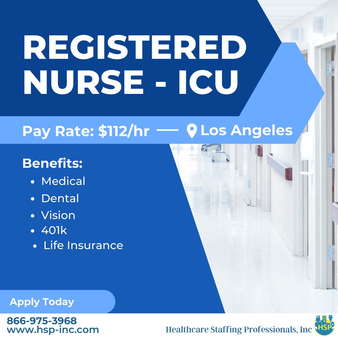 HSP_Inc's tweet photo. HSP is looking for qualified #RegisteredNurses for this ICU assignment in #LosAngeles!
If you are interested and want to learn more about the position, call us today: 866-975-3968
#lanurses #icunurses #nursetwitter #registerednurse #RN #RN's #career #nursingjobs https://t.co/TyNufkQDNU
