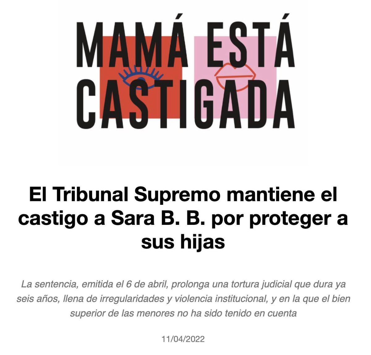MCastigada's tweet image. Tribunal Supremo mantiene el castigo a Sara por proteger a sus hijas. Prolonga tortura judicial de 6 años. Irregularidades y #ViolenciaInstitucional en la q el bien superior de las menores no ha sido tenido en cuenta

📝 Ndp: bit.ly/37ES18c
#MamaEstaCastigada
#YoSiTeCreo