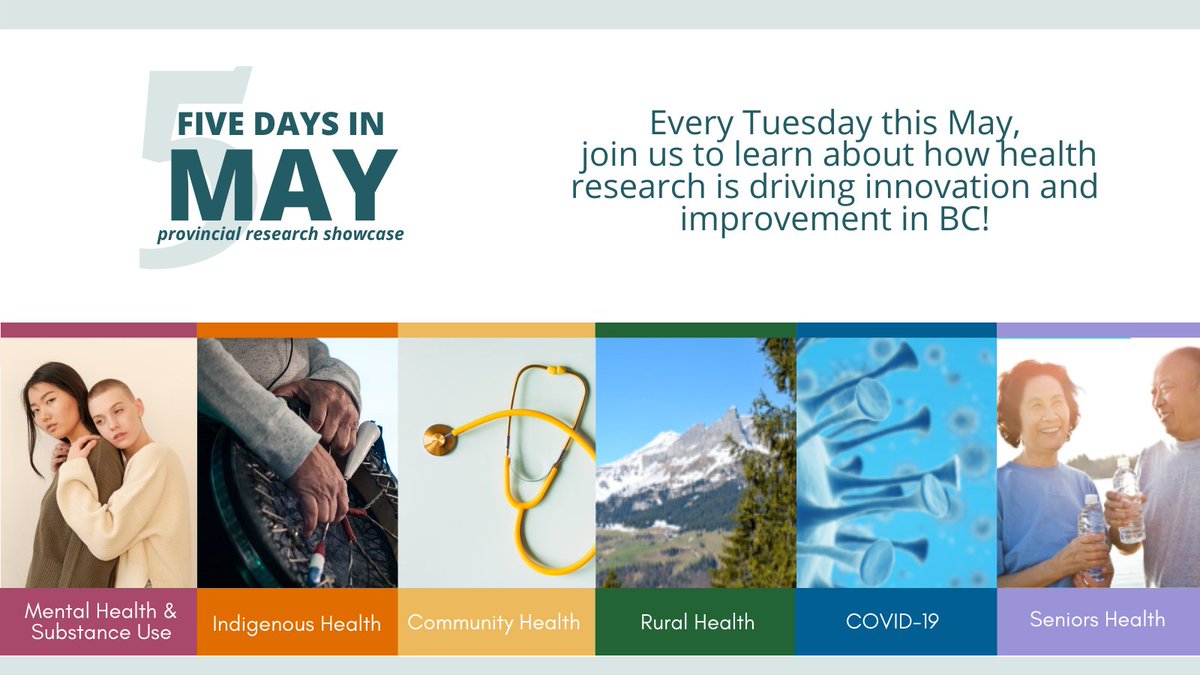 VIHealthRes's tweet photo. ⭐️Educate. Inform. Inspire. Stimulate.⭐️
This year's Five Days in May is a collabroation with @FNHA @Fraserhealth @Northern_Health @Interior_Health @VCHResearch with events every Tuesday in May!
View program and register: https://t.co/BJU2RsuMAk
#FDIM22 #BCResearchShowcase https://t.co/46KKolsmmu
